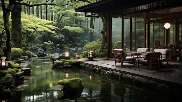 Eine ruhige Szene entfaltet sich vor einem japanischen Onsen-Ryokan. Traditionelle Architektur schmückt die Flüsse.