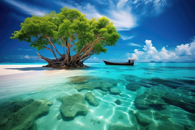 Eine ruhige Szene mit einem Boot, das friedlich in ruhigen Gewässern neben einem wunderschönen Baum schwimmt Die Malediven Seelandschaft KI generiert