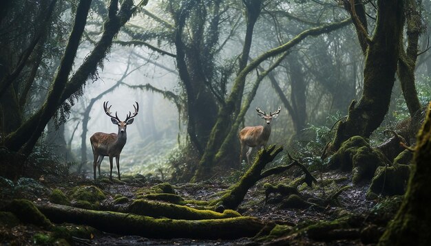 eine ruhige Szene von Hirschen, die bei Tagesanbruch in einem nebligen Wald weiden