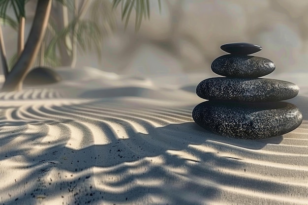Eine ruhige Szene von Zen-Steinen und Sand in perfekter Harmonie