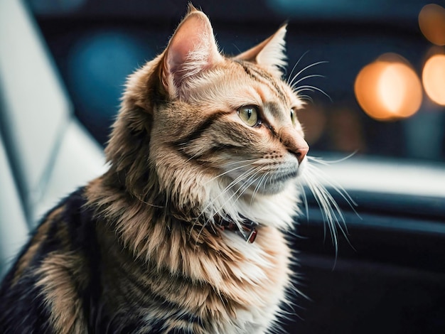 Eine ruhige Tabby-Katze sitzt auf einem Teppich, der im sanften Sonnenlicht gebadet ist und durch einen Raum filtert. Ihr durchdringender Blick hält eine mysteriöse Attraktivität.