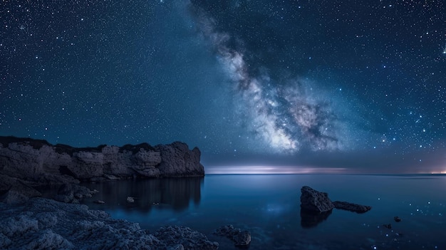 Eine ruhige und bezaubernde Szene der Milchstraße, die sich über dem Meer wölbt