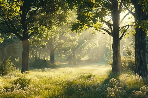 Eine ruhige Waldfläche mit durchfiltertem Sonnenlicht