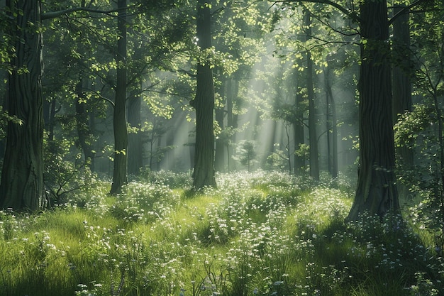 Eine ruhige Waldfläche mit einem schimmernden Sonnenlichtfilter