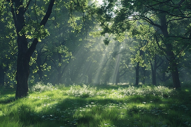 Eine ruhige Waldfläche mit schimmerndem Sonnenlicht