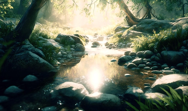 Eine ruhige Waldszene mit Sonnenstrahlen, die einen plätschernden Bach beleuchten