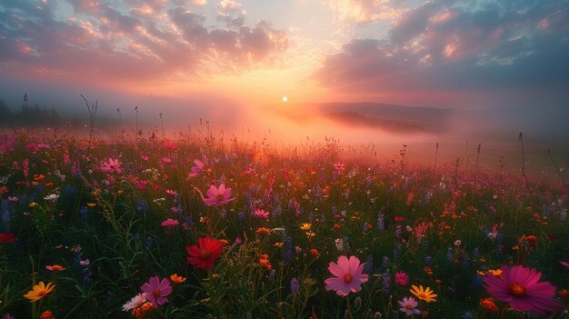 Eine ruhige Wiese, die im sanften Licht der Morgendämmerung gebadet ist, mit Wildblumen, die durch den morgendlichen Nebel schauen.