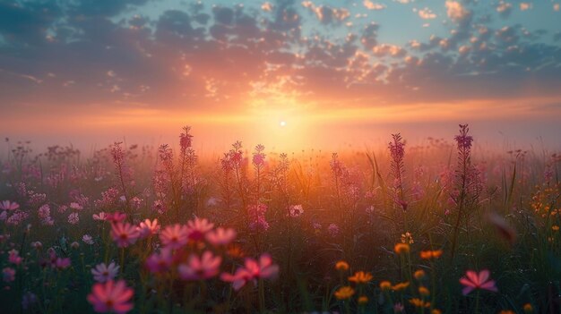 Eine ruhige Wiese, die im sanften Licht der Morgendämmerung gebadet ist, mit Wildblumen, die durch den morgendlichen Nebel schauen.