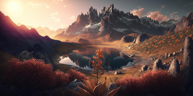 Eine ruhige Wiesenumgebung mit Bergen in der wunderschönen Landschaft des Sonnenuntergangshügels im Freien
