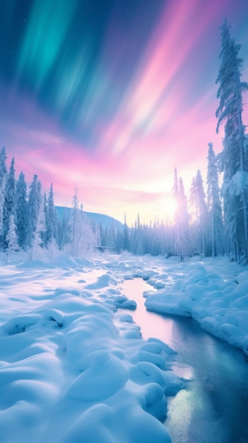 Eine ruhige Winterlandschaft ein Fluss, der durch einen schneebedeckten Wald fließt