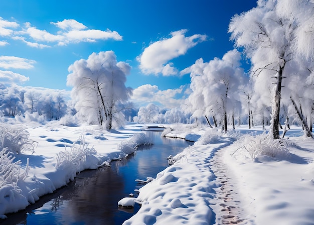 Eine ruhige Winterlandschaft mit einem Fluss, der durch einen schneebedeckten Wald fließt.