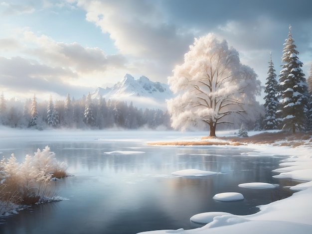 eine ruhige Winterlandschaft mit schneebedeckten Bäumen ein gefrorener See