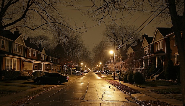 eine ruhige Wohnstraße mit Häusern, die an der Earth Hour teilnehmen