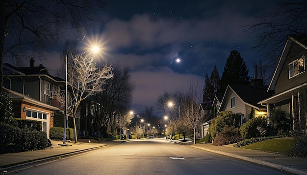 eine ruhige Wohnstraße mit Häusern, die an der Earth Hour teilnehmen