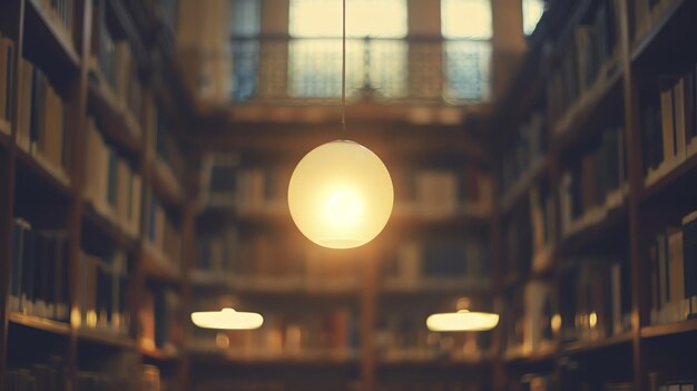 Foto eine runde glaslampe hängt an der decke der bibliothek und wirft ein warmes leuchten über die lesetische unten