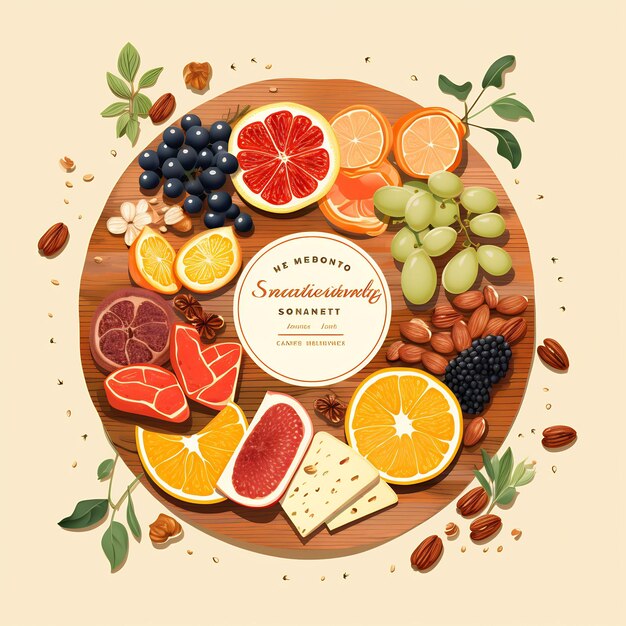 eine runde Platte mit Früchten und Nüssen mit einem Etikett, auf dem steht: Granatapfel
