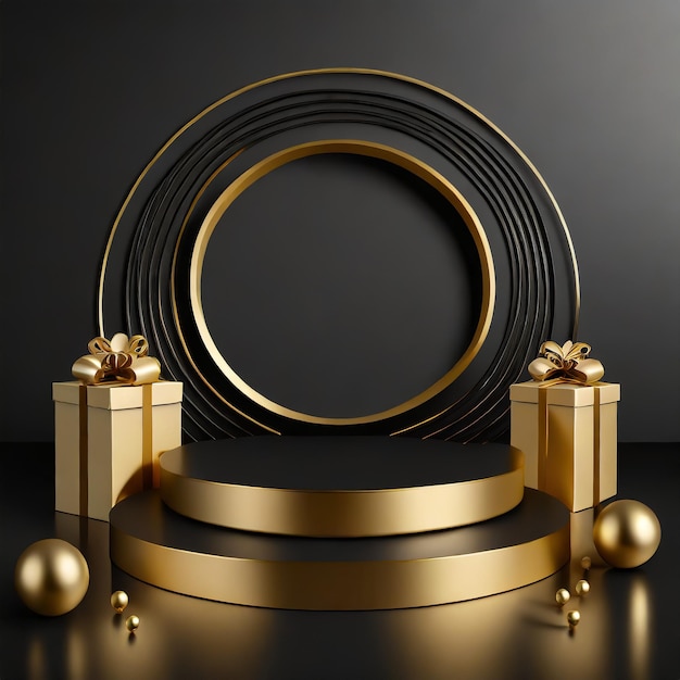 Eine runde Plattform mit einem goldenen Kreis und einem schwarzen Hintergrund mit goldenen Kugeln Black Friday
