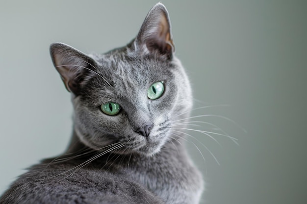 Eine russische blaue Katze mit ihrem auffallenden blaugrauen Fell, elegant gegen einen leuchtenden Hintergrund isoliert