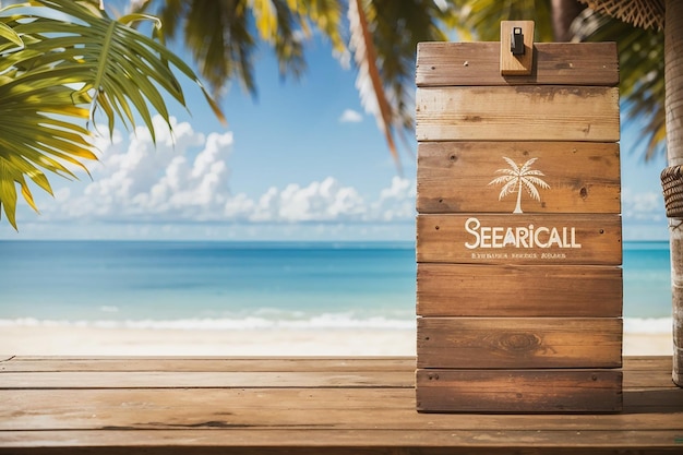 Eine rustikale hölzerne Tafel gegen einen verschwommenen Strandhintergrund für eine Werbung für tropische Getränke