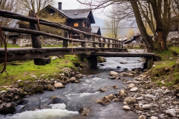 Foto eine rustikale holzbrücke über einen bach im schweizerischen dorf