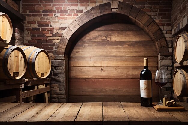 Eine rustikale Holztafel in einem Weinkeller, ideal für die Werbung für Wein und Spirituosen
