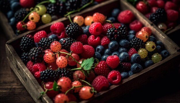 Eine rustikale Kiste mit bunten Beeren, ein gesunder Sommersnack, generiert von KI