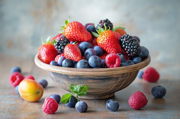 Foto eine rustikale schüssel mit einer auswahl an saftigen beeren und früchten