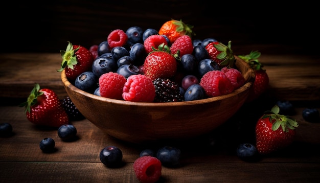 Eine rustikale Schüssel mit frischen, saftigen Beeren, generiert von KI