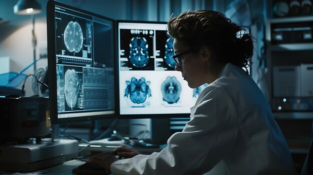 Eine Ärztin in einem weißen Mantel benutzt einen Computer, um medizinische Hirnscans zu analysieren