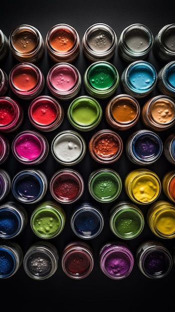 Eine Sammlung bunter Farbdosen mit verschiedenen Farben.