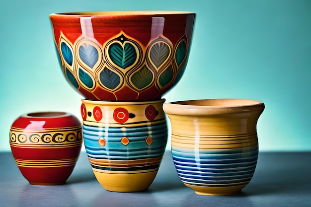 eine Sammlung bunter Keramik des Künstlers