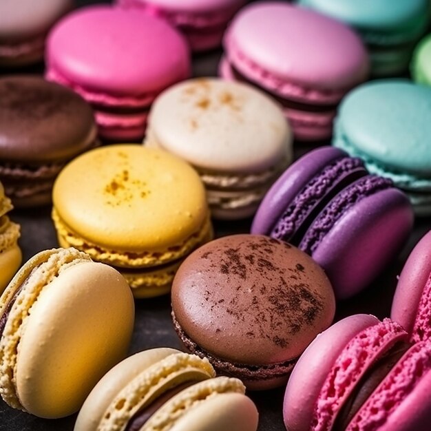 eine Sammlung bunter Macarons, darunter eines mit einem gelben und einem violetten.