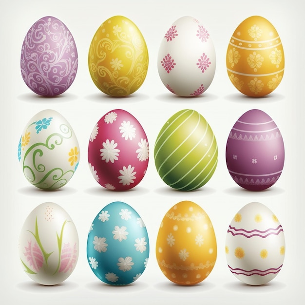 Eine Sammlung bunter Ostereier mit verschiedenen Farben und dem Wort Ostern auf der Unterseite.
