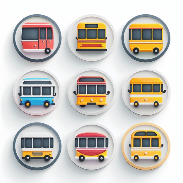 eine Sammlung farbenfroher Cartoon-Busse mit Kreisen wie Kreisen und einer mit einer, die Bus sagt