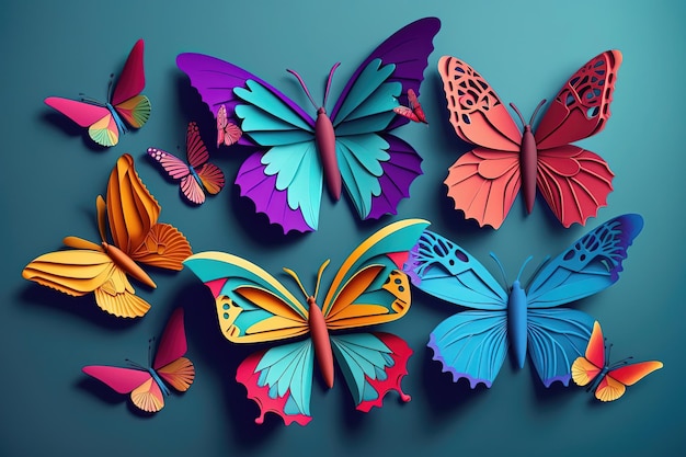 Eine Sammlung farbenfroher und komplizierter Schmetterlinge, die in einer Vitrine angeordnet oder auf einem Brett montiert sind. Generative KI