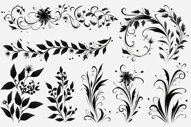 Eine Sammlung floraler Muster auf weißem Hintergrund.