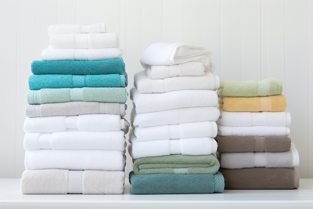 Eine Sammlung frisch gewaschener und sanfter Handtücher, ordentlich platziert auf einem Hintergrund aus reinem Weiß
