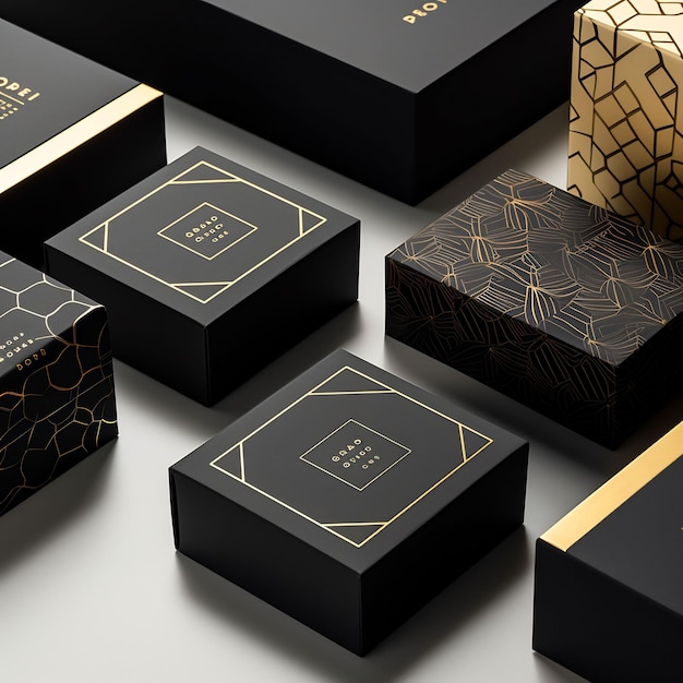 eine Sammlung goldener und schwarzer Schachteln mit dem Wort „Zickza“ an der Seite.