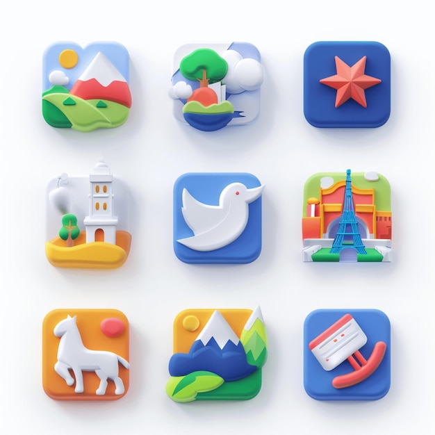 eine Sammlung verschiedener Apps, darunter ein weißer Vogel und ein blaues und orangefarbenes Quadrat