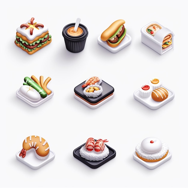 eine Sammlung verschiedener Arten von Lebensmitteln, darunter Hotdogs, Sandwiches und Gewürze