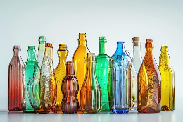 Eine Sammlung verschiedener farbiger Glasflaschen mit weißem Hintergrund Recycle-Konzept