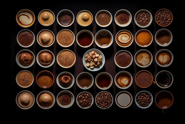 eine Sammlung verschiedener Kaffeesorten im Stil der Luftfotografie