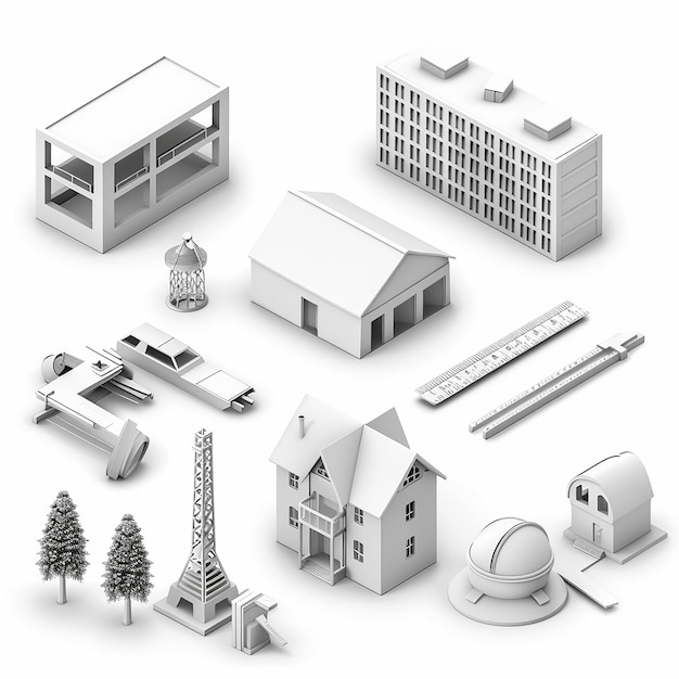 eine Sammlung von Bildern eines Hauses und eines Gebäudes mit einem Haus oben