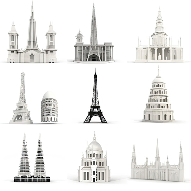 Eine Sammlung von Bildern verschiedener Gebäude, darunter eines mit einem Gebäude in der Mitte.