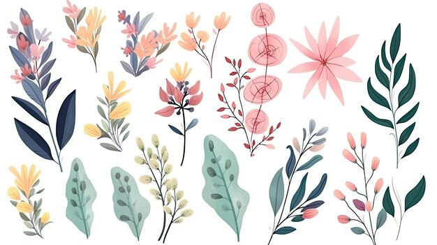 Eine Sammlung von bunten Frühlingsblumen mit floralen Zweigen, Blättern und Laub isoliert auf weißem Hintergrund Generative AI