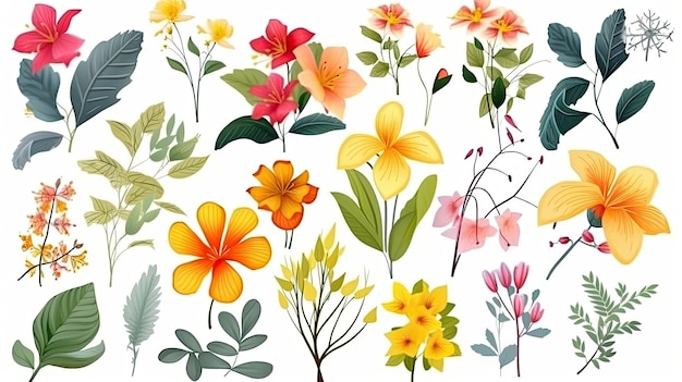 Eine Sammlung von bunten Frühlingsblumen mit floralen Zweigen, Blättern und Laub isoliert auf weißem Hintergrund Generative AI