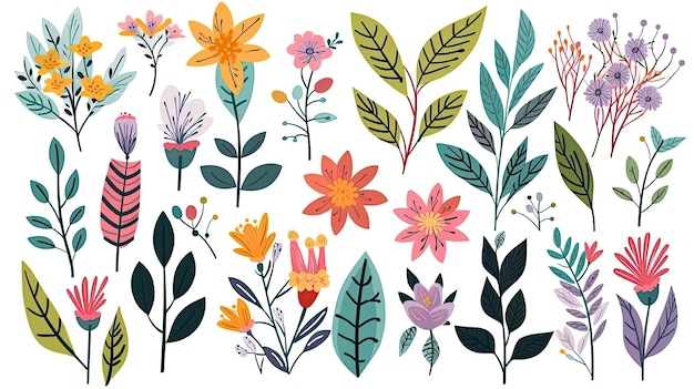 Eine Sammlung von bunten Frühlingsblumen mit floralen Zweigen, Blättern und Laub isoliert auf weißem Hintergrund Generative AI