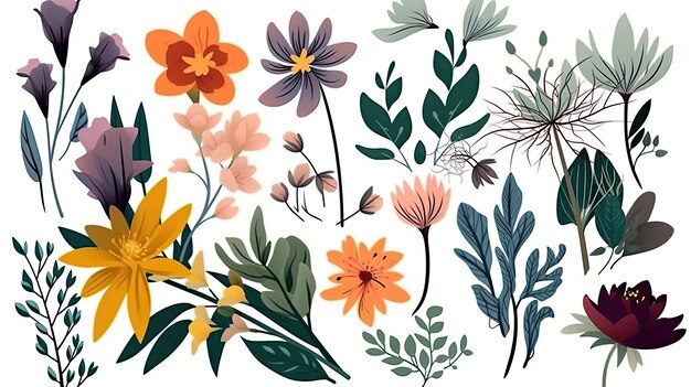 Eine Sammlung von bunten Frühlingsblumen mit floralen Zweigen, Blättern und Laub isoliert auf weißem Hintergrund Generative AI