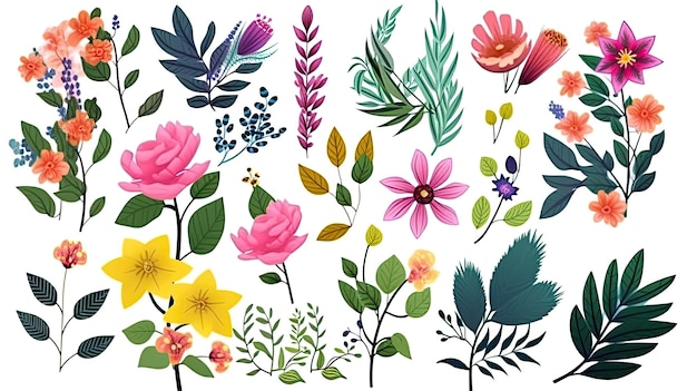 Eine Sammlung von bunten Frühlingsblumen mit floralen Zweigen, Blättern und Laub isoliert auf weißem Hintergrund Generative AI