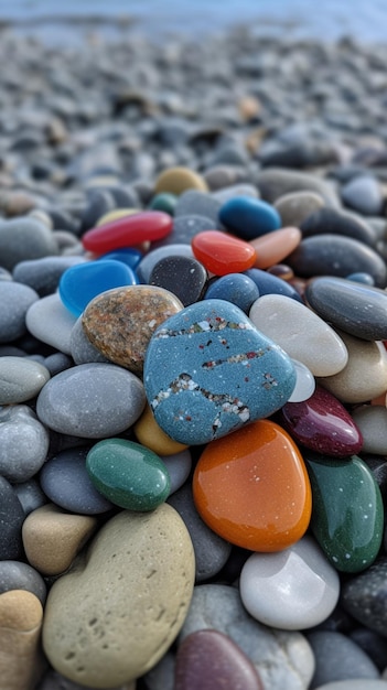 Eine Sammlung von bunten Kieselsteinen an einem Strand